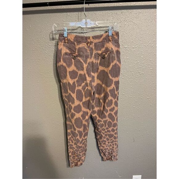 Anthropologie Brown Animal Print Joggers Women's Size 2 Linen Blend Zip Ankle - Picture 4 of 5